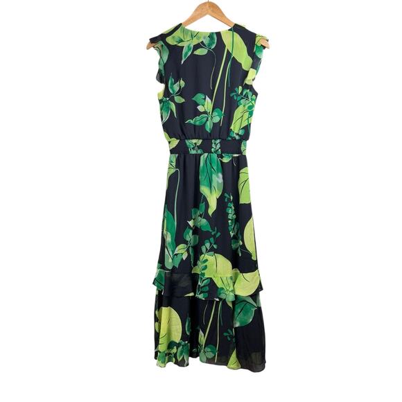 White House Black Market Green Tropical Leaf Print Black Chiffon Ruffle Dress - Picture 8 of 10